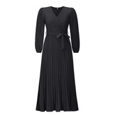 V neck Long Sleeve Pleated A line Mid Length Dress