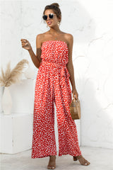 Tube Top Heart-Shaped Dot Print Lace-up Wide-Leg Jumpsuit