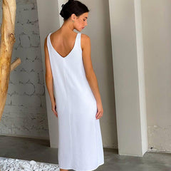 Chemise de nuit longue fendue en coton et lin, vêtements d'extérieur, pyjama une pièce décontracté à bretelles pour la maison