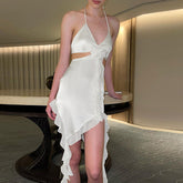 3D Dreidimensionales florales Rüschen-Spaghettiträger-Kleid mit ausgehöhlten Ausschnitten und schmaler Passform