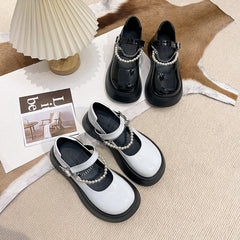 Women's Style Thick-soled Mary Jane Detachable Pearl Leather Shoes