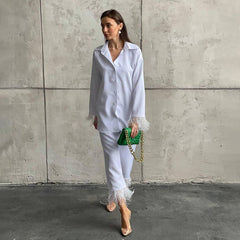 Special-Interest Long Sleeve Feather Shirt Casual Cropped Pants Suit