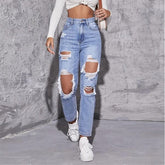 Ripped Jeans Washed High Waist Straight Jeans