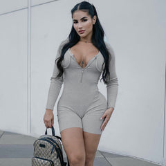 Zipper U Shaped Collar Long Sleeve Tight Jumpsuit Fall Solid Color Shorts