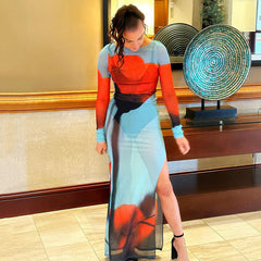 Robe imprimée à col rond et robe fendue transparente en maille