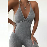 Combinaison de sport moulante à bretelles croisées, dos nu, taille haute, couleur unie