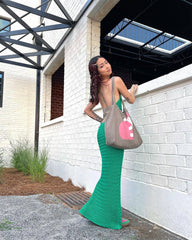 Halter Backless Maxi Dress Knitted Sleeveless Beach Bohemian Long Hollow Out Cutout Dress