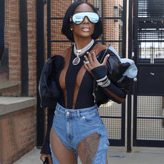 Faux Denim Stitching Faux Leather Long Sleeve Short Cotton Jacket Thick Upper Garment