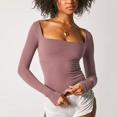 Long Sleeve Solid Color Cropped Square Neck T Shirt Top
