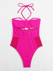 Mesh Stitching Rose Red Hollow Out Cutout Siamese Bikini