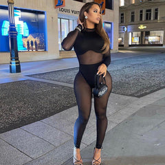 Early Mesh See Through Stitching High Waist Tight Casual One Piece Trousers