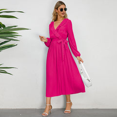 Ruffled V Neck Long Sleeved Pleated Dress Slim Fit Elegant Dress