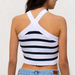 Striped Cross-Halterneck Knitted Base Tube Top Outer Vest