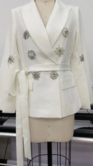 Blazer décoratif à manches longues et perles en diamant avec ceinture pour tenue de soirée, élégant pour le bureau