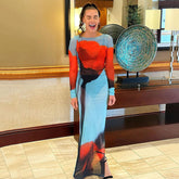 Robe imprimée à col rond et robe fendue transparente en maille