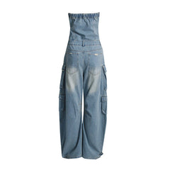 Jeans-Jumpsuit mit mehreren Taschen, zerrissener Taille und schlankmachendem Tube-Top
