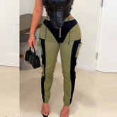 Pantalon décontracté à poches multiples et taille élastique avec fermeture éclair et couleur contrastée