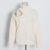 Off the Shoulder Sweater Solid Color Turtleneck Cool Long Sleeve Loose Sweater