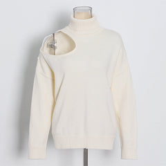 Pull à épaules dénudées, couleur unie, col roulé, manches longues, ample