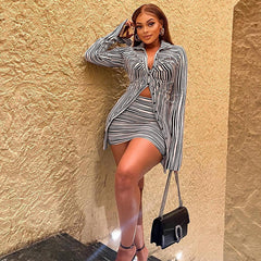 Polo Collar Striped Single Breasted Shirt Misty Short Chic Suit