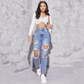 Zerrissene Jeans, verwaschene, hoch taillierte Straight-Jeans