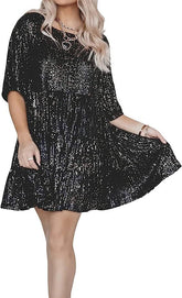 Sequ Dress Half Sleeve Round Neck Frill Loose Dress