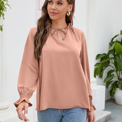 Long Sleeved Top Fall V neck Casual Loose Chiffon Blouses