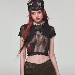 Retro Cat Printing Mesh Top Trendy