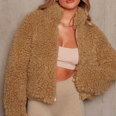 StCollar Zipper Plush Solid Color Pocket Casual Long Sleeve Coat