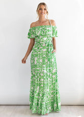 Robe trapèze élégante à imprimé floral, épaules dénudées, manches à volants, grande taille