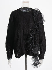 Elegant Lady Hollow Out Cutout Out Embroidery Stitching Knitwear Round Neck Long Sleeve Mesh Irregular Asymmetric Sweater