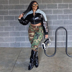 Faux Denim Stitching Faux Leather Long Sleeve Short Cotton Jacket Thick Upper Garment