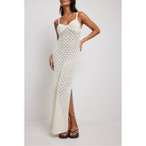 Urlaubs-Strickkleid mit Hosenträgern, seitlichem Schlitz, rückenfreies Strickkleid mit Hohlmuster