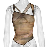 Mesh See through Shoulder Irregular Asymmetric Top Vest