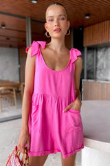 Casual Solid Color Bamboo Round Neck Sleeveless Bow Loose Waist Romper