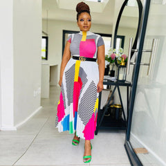 Sanzhai Round Neck Short Sleeve Printed Pleated Skirt Set