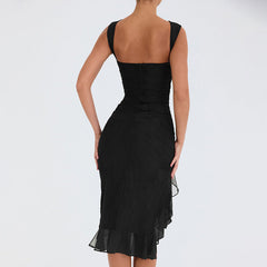 round Neck Sleeveless Dress Tight Backless Pleated Midi Dress