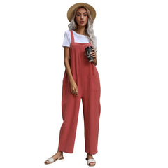 Trendy Cotton Linen Solid Color Sleeveless Sling Jumpsuit