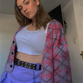 Mantelfarbe passender Rhombus Plaid Loose All Matching Short Cardigan Mohair Pullover