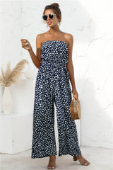 Tube Top Heart-Shaped Dot Print Lace-up Wide-Leg Jumpsuit