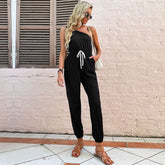 Black Drawstring High Waist One Shoulder Jumpsuit