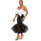 Slim Fit Contrast Colors Tube Top Bow Mesh Hip Skirt Set