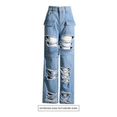 Zerrissene Jeans mit ausgefransten Nähten, hoher Taille und weitem Bein, lockere, schlankmachende Retro-Hose mit geradem Bein