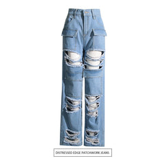 Zerrissene Jeans mit ausgefransten Nähten, hoher Taille und weitem Bein, lockere, schlankmachende Retro-Hose mit geradem Bein