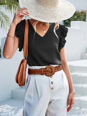 Solid Color V neck Casual Ruffle Sleeve Top