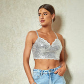 Haut français à paillettes, coupe slim, dos nu, décolleté en V profond, bretelles plongeantes