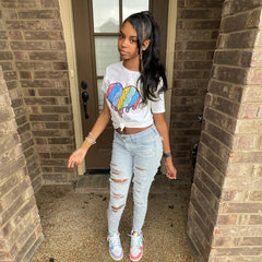 Wear Printed Contrast Color Love Street Hipster Loose T shirt