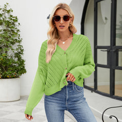 Strickjacke mit V-Ausschnitt, ausgehöhlten Ausschnitten, Oberbekleidung, lockeres, langärmeliges Strickoberteil, einfarbige Strickjacke