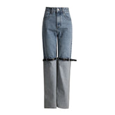 Hohe Schlankheits-Knie-Nähte Gürtelbare Kontrastfarbe Jeans Gerade Bein Hosen Hose