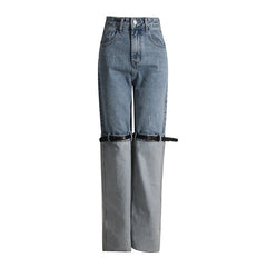 High Slimming Knee Stitching Beltable Contrast Color Jeans Straight Leg Pants Trousers